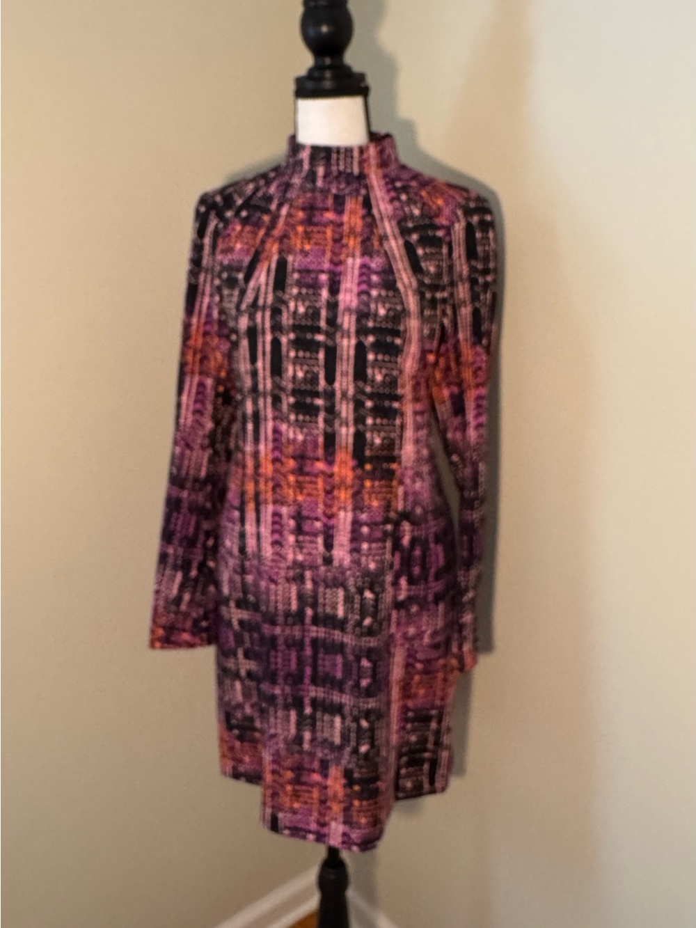 Nanette Lepore Pink, Black & Orange Patterned Mock-Neck Long Sleeve Dress
